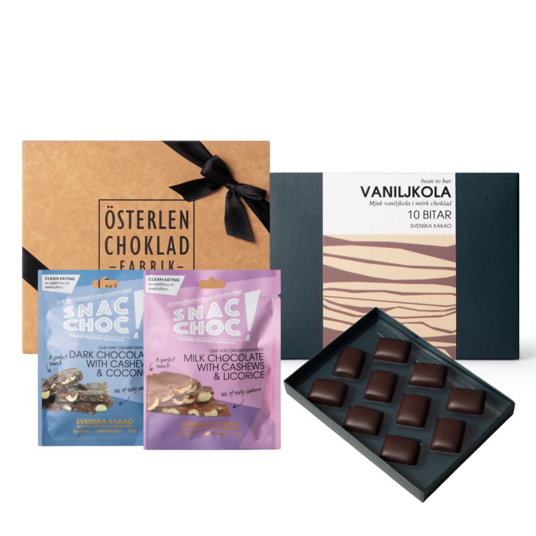 Choklad som present med tryfflar praliner och mörk choklad