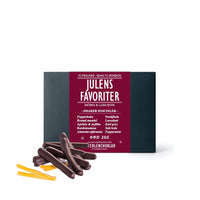 Chokladogram med julens favoriter och syltade apelsinskal doppade i mörk choklad från Österlen.