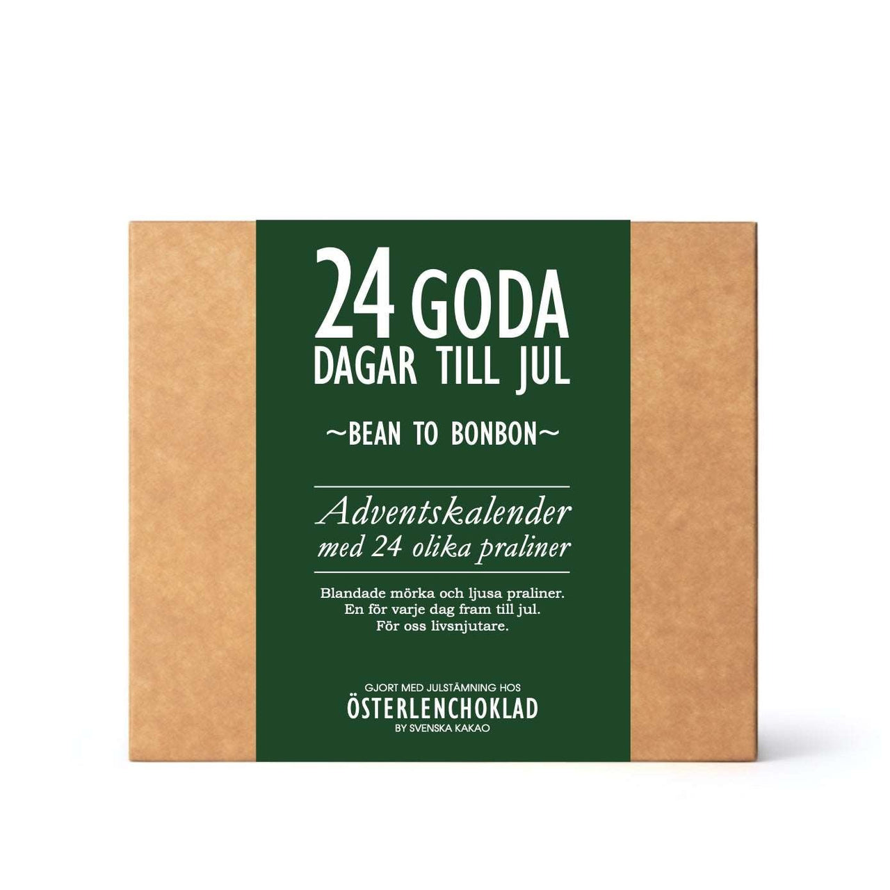 En lyxig adventskalender med 24 ovanligt goda praliner fram till jul. Från chokladfabriken på Österlen